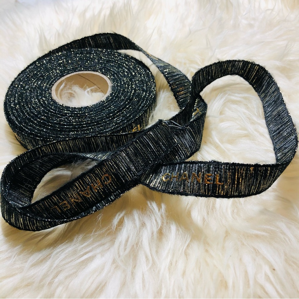 10 yards CHANEL Black Glittered & Metallic Gold Lettering Ribbon